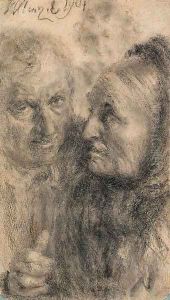 A couple conversing, another figure in the background by Adolph von Menzel