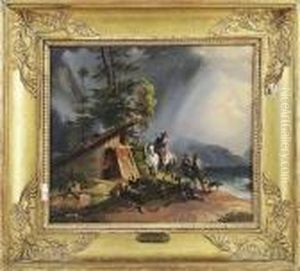 La Curee Devant Une Cabane Aupres D'un Etang by Friedrich Gauermann