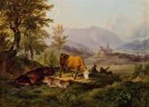 Weideszene Bei Puchberg Am Schneeberg, Rechts Im Hintergrund Die Kirche Mit Burgruine by Friedrich Gauermann
