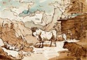 Kuhe Vor Einer Almhutte by Friedrich Gauermann
