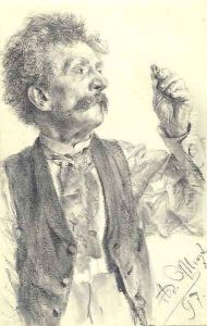 A man holding up a ring, three-quarter-length by Adolph von Menzel