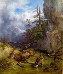Erlegter Hirsch Mit Drei Adlern by Friedrich Gauermann