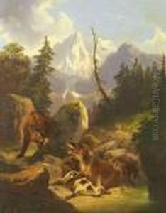Gebirgslandschaft Mit Barenfamilie by Friedrich Gauermann