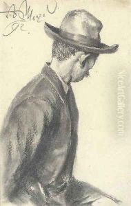 A seated man in a hat, half-length, turning away to the right by Adolph von Menzel