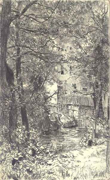 A washerwoman in a forest by a stream - view 1