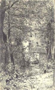 A washerwoman in a forest by a stream