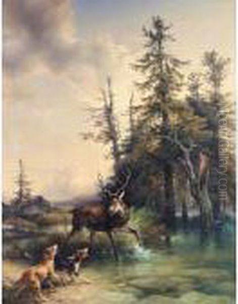 Hunde Stellen Einen Hirschen Im Wasser (hounds Cornering A Stag By A Stream) - view 1