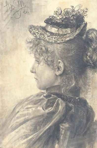 Portrait of a girl in profile to the left, bust-length, wearing a straw hat - view 1