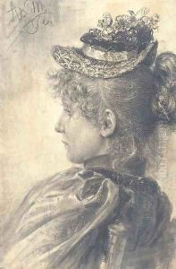 Portrait of a girl in profile to the left, bust-length, wearing a straw hat by Adolph von Menzel