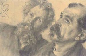 Studie zweier aufblickender Manner by Adolph von Menzel