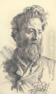 Head of a bearded man looking down to the right by Adolph von Menzel