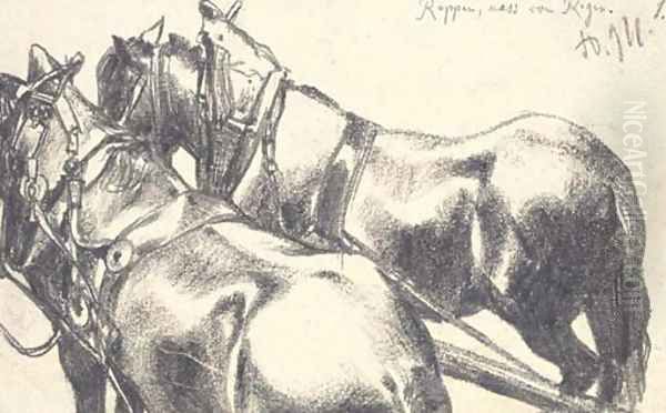 Two carthorses in harness, seen from behind - view 1