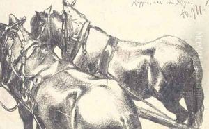 Two carthorses in harness, seen from behind by Adolph von Menzel