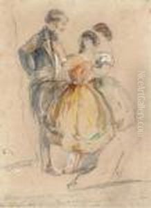 Un Homme Avec Deux Femmes, Dont L'une Retirant Une Epingle A Cravate by Paul Gavarni