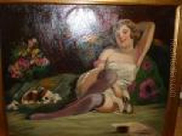 Lady Reclining With King Charles Spaniel - view 1