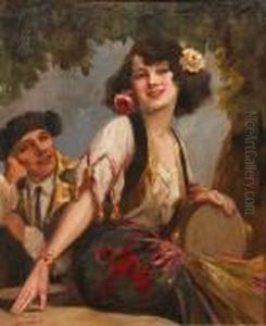 A Spanish Girl With Roses In Her Hair Holding A Tambourine