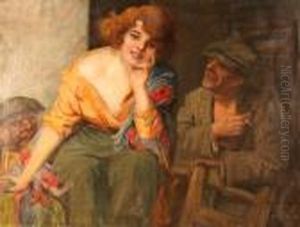 Portrait Of A Young Woman Beside Two Gentleman
