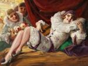 Fancy-dress Ball With Two Men Flirting With A Young A Girl