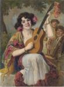 A Young Beauty Playing The Guitar by Richard Geiger