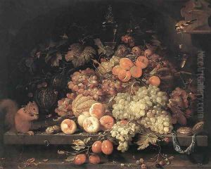Fruit Still-Life with Squirrel and Goldfinch by Abraham Mignon