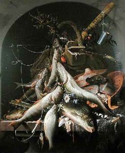 A Still Life of Fish and Fishing Tackle by Abraham Mignon