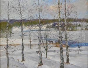 Norrlandskt Vinterlandskap Med Bjorkar by Anton Genberg