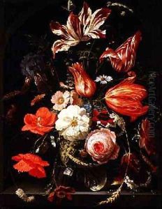 A Still Life of Flowers in a Glass Bowl by Abraham Mignon