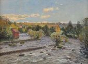 Sommarlandskap Med Fors Och Kvarnbyggnad by Anton Genberg
