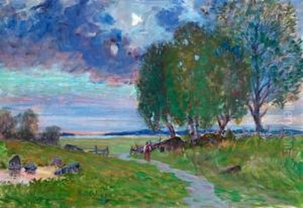 Woman In The Meadows, Evening. Signed A. Genberg - view 1