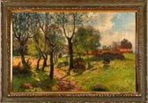 A Summer Scenery With Farm, Birch Field, And Working People. Signed by Anton Genberg