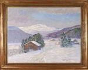 Vinterlandskap Med Stugor, Signerad Och Daterad A. Genberg 1938 by Anton Genberg