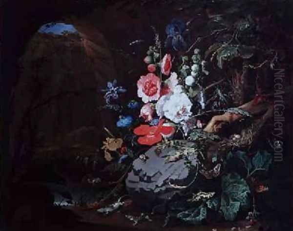Flowers and birds in a cave - view 1