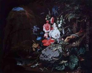 Flowers and birds in a cave by Abraham Mignon