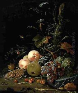 Still life with fruit and corn by Abraham Mignon