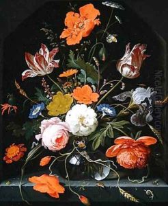 Still life of flowers in a glass vase by Abraham Mignon