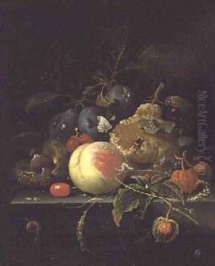 Still Life of Fruit and Nuts on a Stone Ledge by Abraham Mignon