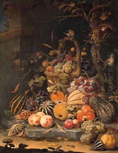 A forest floor still life with grapes, plums, rosehips, blackberries and ears of corn in a basket, with peaches, melons and corn cobs on a stone slab by Abraham Mignon