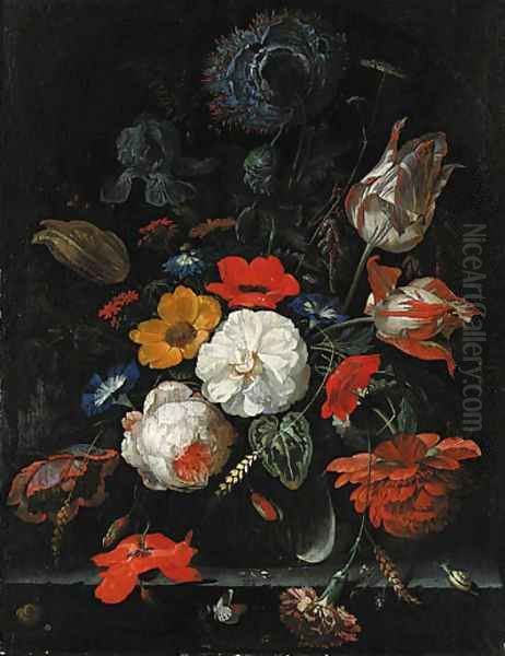 Roses, parrot tulips, poppies, morning glory, a carnation, an iris, paeonies and other flowers, with ears of corn in a glass vase with snails - view 1