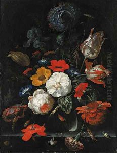 Roses, parrot tulips, poppies, morning glory, a carnation, an iris, paeonies and other flowers, with ears of corn in a glass vase with snails by Abraham Mignon