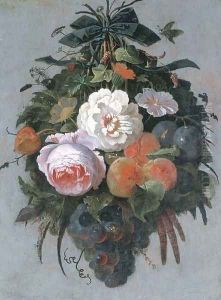 A swag of fruit and flowers hanging from a nail by Abraham Mignon
