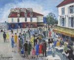 La Place Du Tertre Animee A Montmartre by Lucien Genin