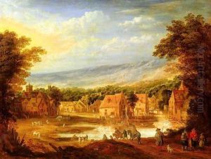 An Extensive River Landscape With Travellers Approaching A Village
