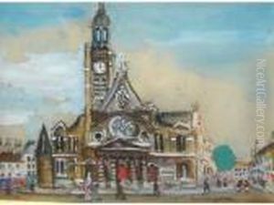 L Eglise Saint-etienne Du Mont A
 Paris Aquarelle Gouachee Surpapier Signee En Bas A Droite 19