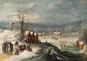 A winter landscape with soldiers at a village by Joos De Momper