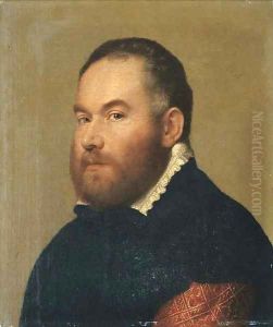 Portrait of a gentleman, bust-length in a brocaded red velvet doublet with a black cloak and a white collar by Giovanni Battista Moroni