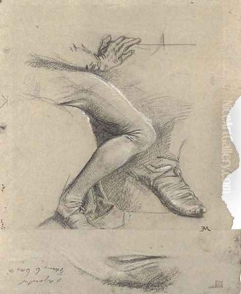 Study of the lower arm and right leg of a seated man, with a subsidiary studies of his shoe and of drapery - view 1