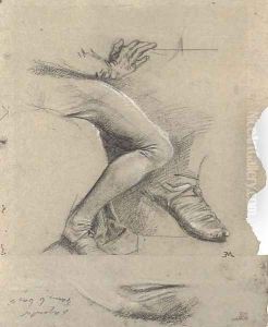 Study of the lower arm and right leg of a seated man, with a subsidiary studies of his shoe and of drapery by Jean-Louis-Ernest Meissonier