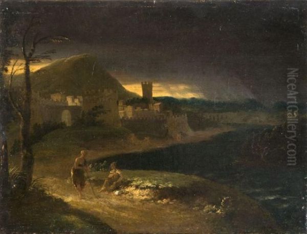 Deux Personnages Au Bord D'un Chemin Dans Un Paysage Classiquepar Temps Orageux - view 1