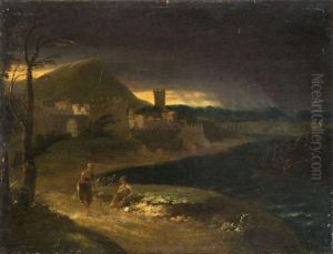 Deux Personnages Au Bord D'un Chemin Dans Un Paysage Classiquepar Temps Orageux