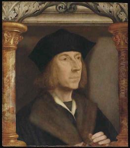 Portrait of gentleman, bust-length, in a fur-lined coat, telling a rosary, set in an architectural surround